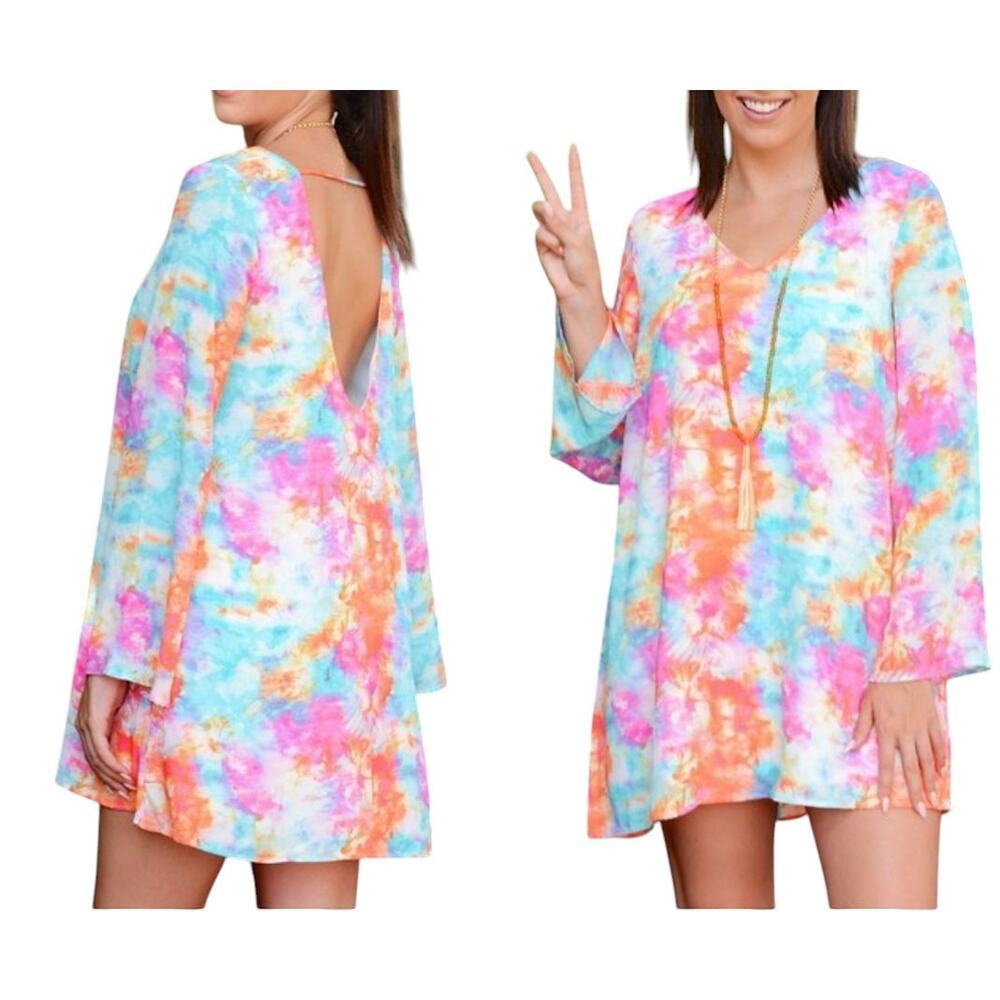 Peach Love California Pastel Tie-Dye V-Neck/Low Back Long Sleeve Mini Dress M